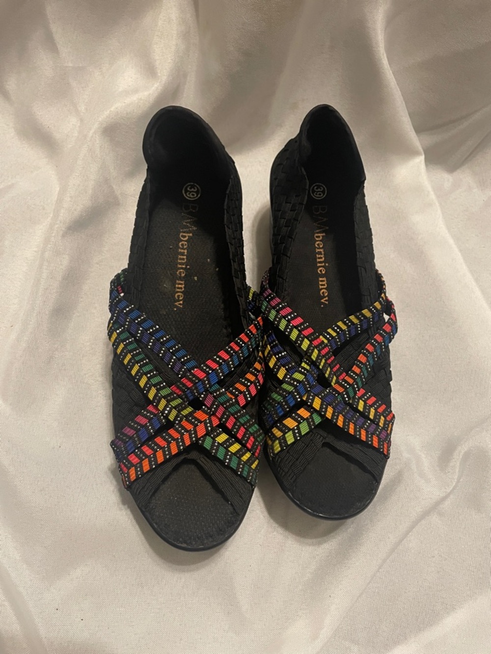 bernie mev. Black Sandals with Rainbow Woven Straps